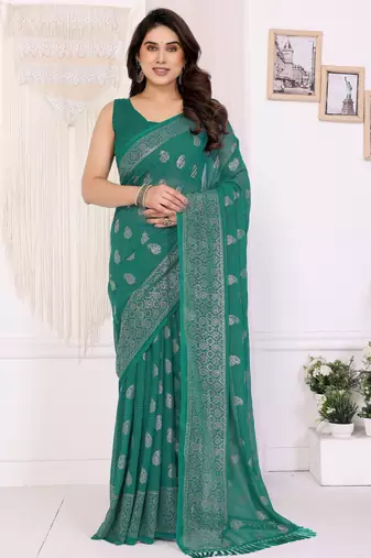Rama color georgette fabric designer foil printed ceremonial saree