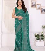 Rama color georgette fabric foil printed ceremonial saree