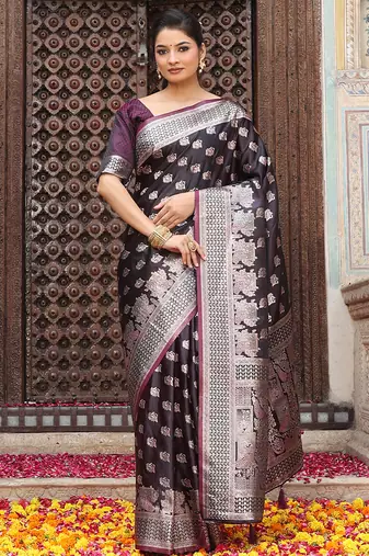 wine color woven designer ethnic silk blend fabric graceful partywear saree