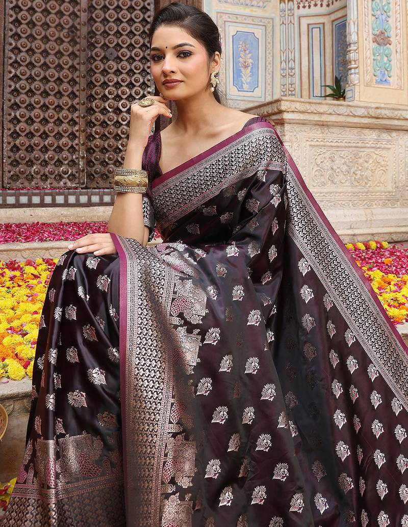 wine color woven designer ethnic silk blend fabric graceful partywear saree