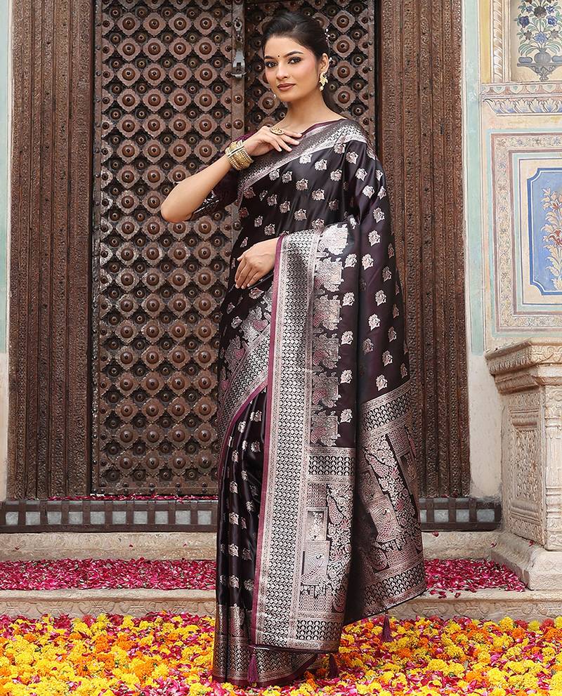 wine color woven designer ethnic silk blend fabric graceful partywear saree