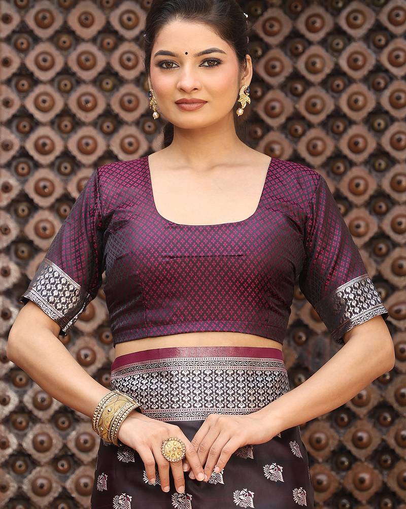 wine color woven designer ethnic silk blend fabric graceful partywear saree