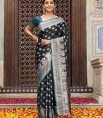 teal woven ethnic silk blend embroidered graceful partywear saree