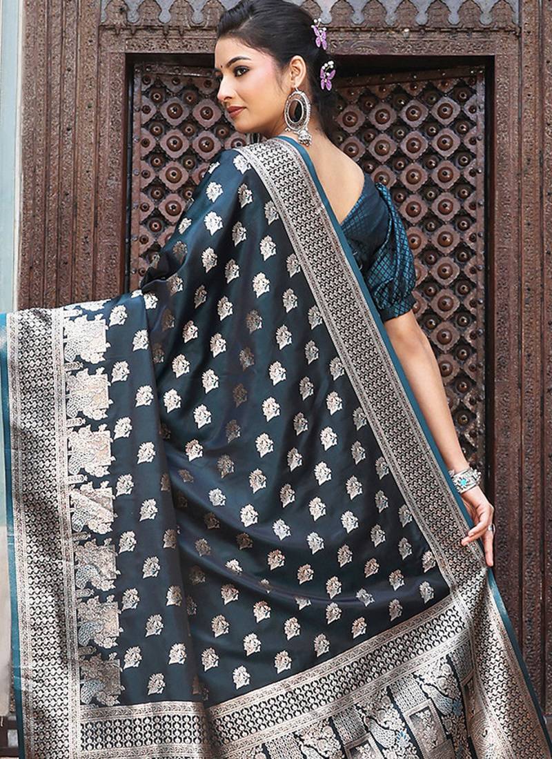tarquice color woven designer ethnic silk blend fabric graceful partywear saree