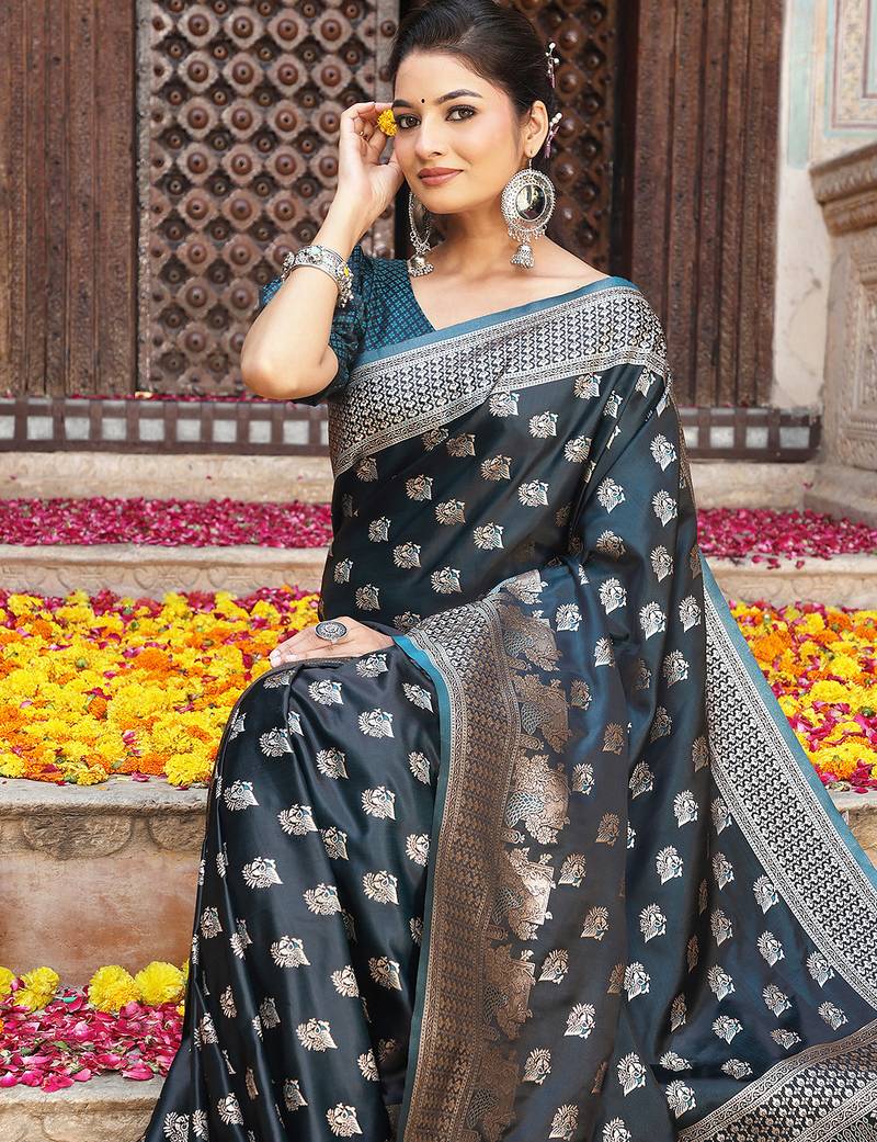 tarquice color woven designer ethnic silk blend fabric graceful partywear saree
