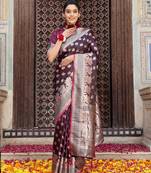 purple color woven ethnic silk blend fabric graceful partywear saree