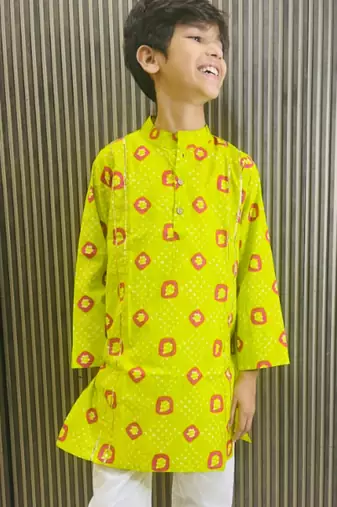 Cotton block print kurta pyjama set for boys