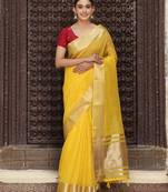 Yellow color rich ethnic cotton based saree with rich woven looks