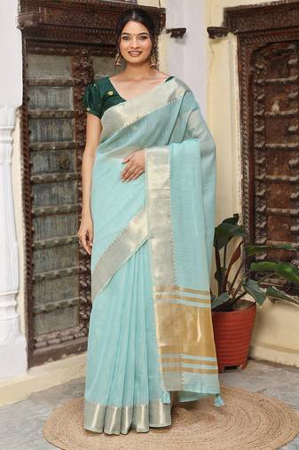 Sky blue color rich ethnic cotton based saree with rich woven designer looks