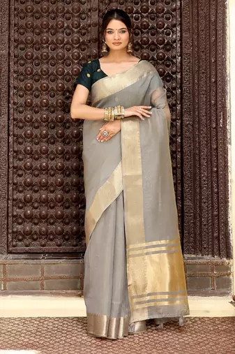 Gray color rich ethnic cotton based saree with rich woven designer looks