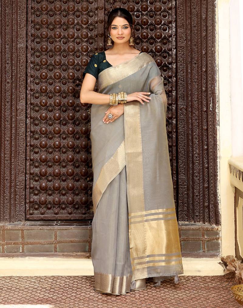 Gray color rich ethnic cotton based saree with rich woven designer looks