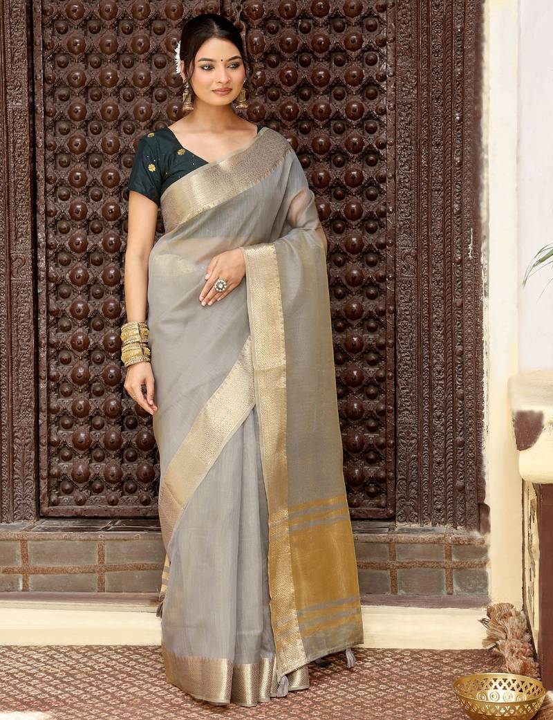 Gray color rich ethnic cotton based saree with rich woven designer looks