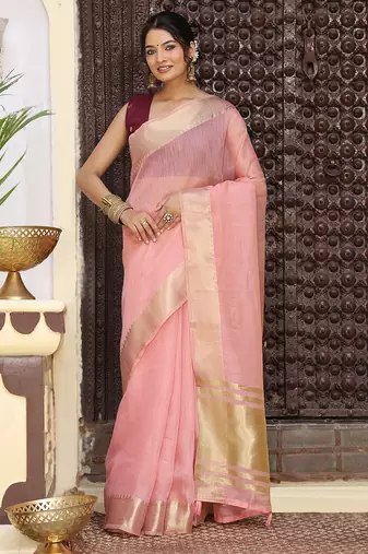 Pink color rich ethnic cotton based saree with rich woven designer looks