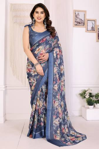 Blue color moss satin patta designer ethnic girlie saree
