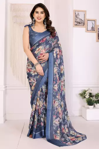 Blue color moss satin patta designer ethnic girlie saree