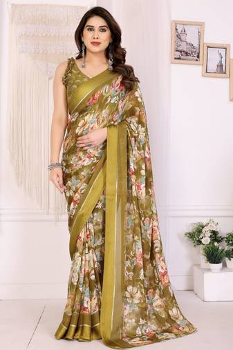 Mustard color moss satin patta designer ethnic girlie saree