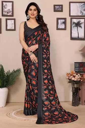 Black color moss satin patta designer ethnic girlie saree