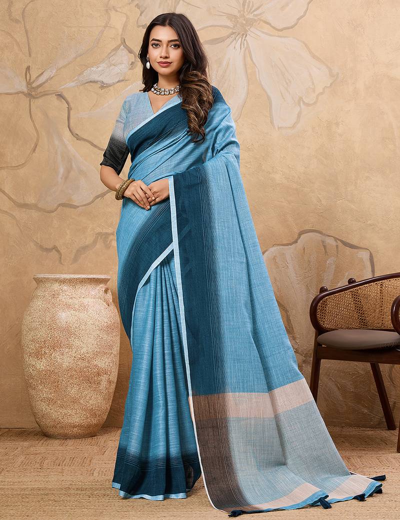 sky blue color based fabric ethnic woven designer ceremonial saree