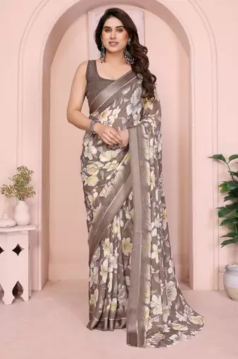 Brown color moss satin patta woven patta designer printed fancy saree