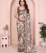 Brown moss satin patta woven patta printed fancy saree