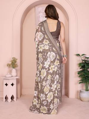 Brown moss satin patta woven patta printed fancy saree 3
