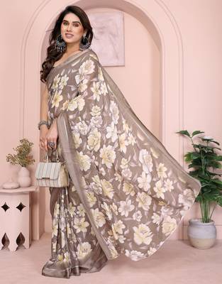 Brown moss satin patta woven patta printed fancy saree 5
