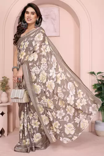 Brown color moss satin patta woven patta printed fancy saree