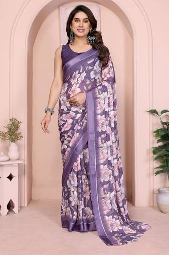Purple color moss satin patta woven patta designer printed fancy saree