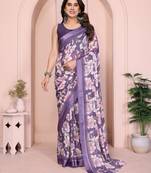 Purple moss satin patta woven patta printed fancy saree