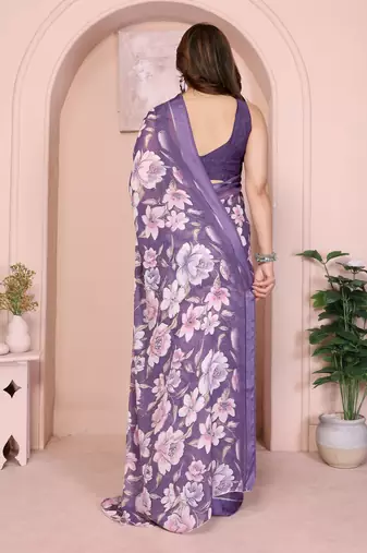 Purple moss satin patta woven patta printed fancy saree