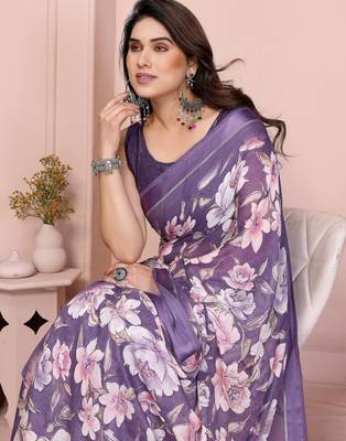 Purple moss satin patta woven patta printed fancy saree 4