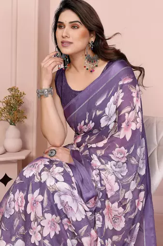 Purple moss satin patta woven patta printed fancy saree