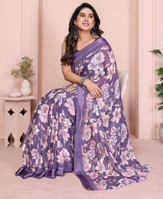Purple moss satin patta woven patta printed fancy saree 5