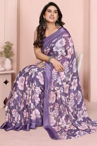 Purple moss satin patta woven patta printed fancy saree