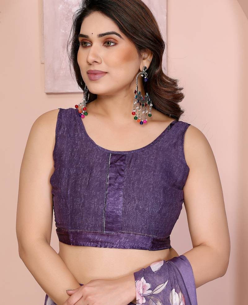 Purple color moss satin patta woven patta designer printed fancy saree