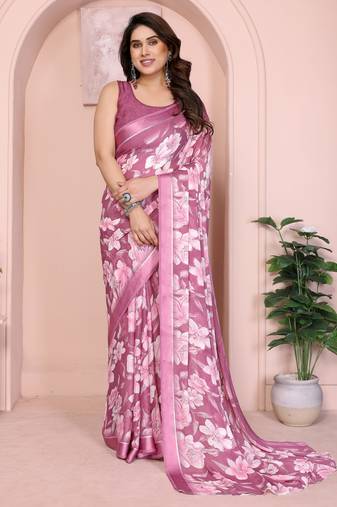 Pink color moss satin patta woven patta designer printed fancy saree