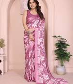 Pink moss satin patta woven patta printed fancy saree
