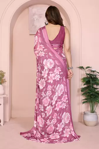 Pink moss satin patta woven patta printed fancy saree