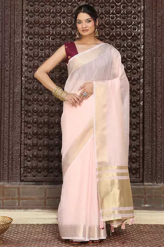 Light pink color rich ceremonial looks cotton based woven designer saree