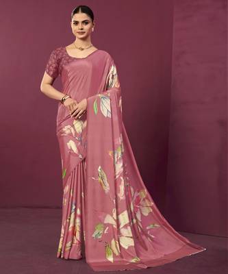 Pink malai crepe silk blend digital printed ceremonial partywear saree 1