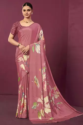 Pink color malai crepe silk fabric designer digital printed ceremonial partywear saree