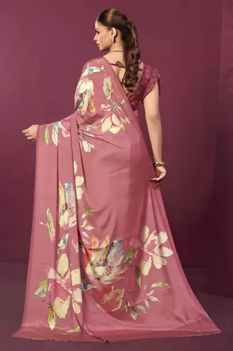 Pink malai crepe silk blend digital printed ceremonial partywear saree