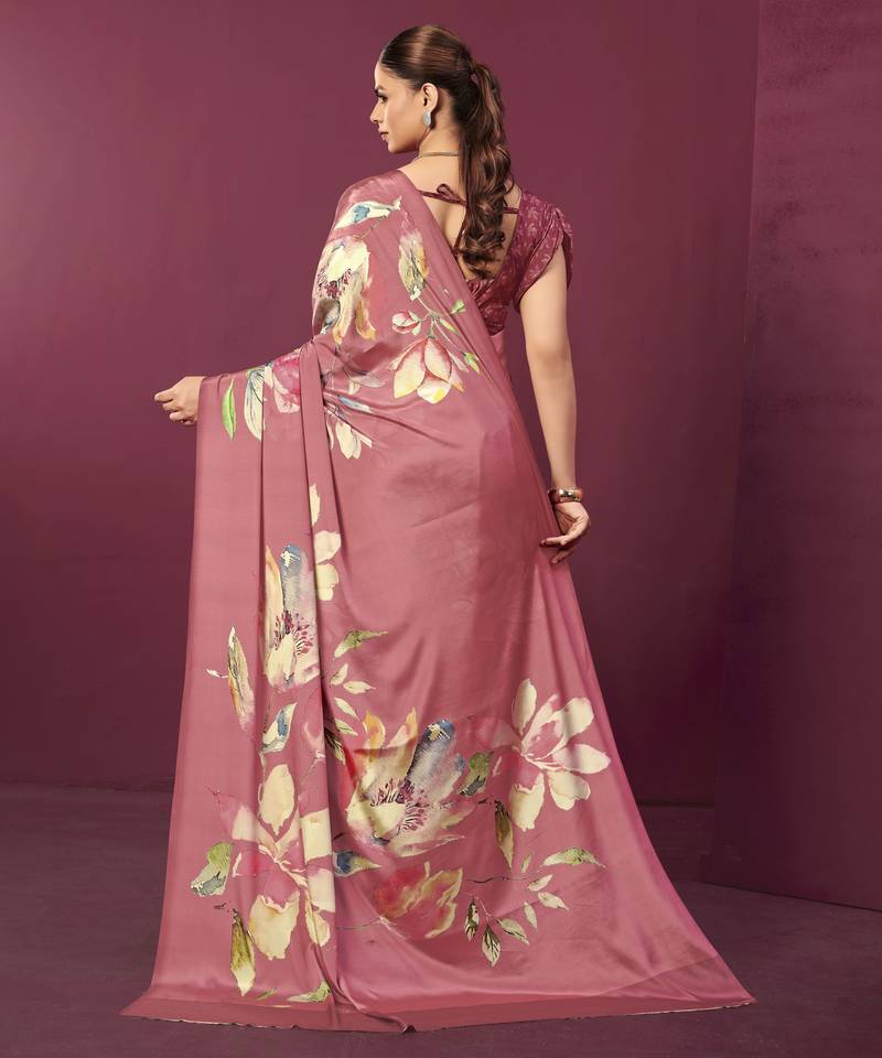Pink color malai crepe silk fabric designer digital printed ceremonial partywear saree