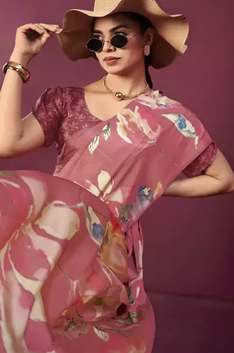 Pink malai crepe silk blend digital printed ceremonial partywear saree