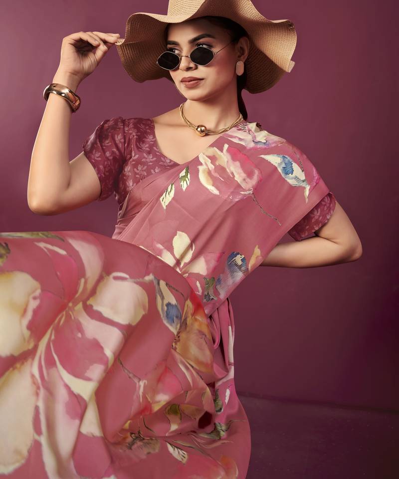 Pink color malai crepe silk fabric designer digital printed ceremonial partywear saree