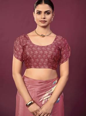 Pink malai crepe silk blend digital printed ceremonial partywear saree 4