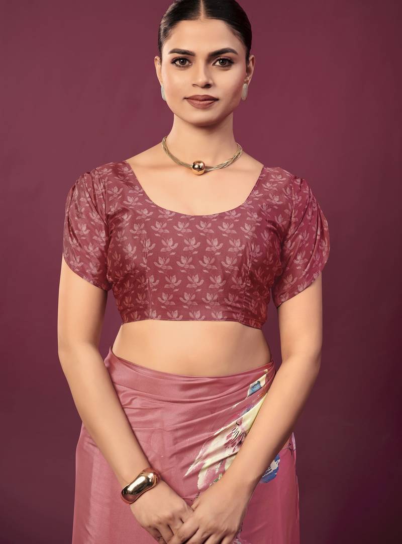 Pink color malai crepe silk fabric designer digital printed ceremonial partywear saree