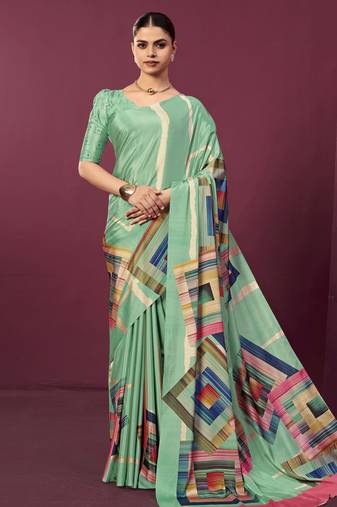 Sea green color malai crepe silk fabric designer digital printed ceremonial partywear saree