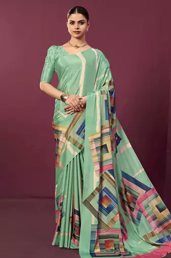 Sea green color malai crepe silk fabric designer digital printed ceremonial partywear saree