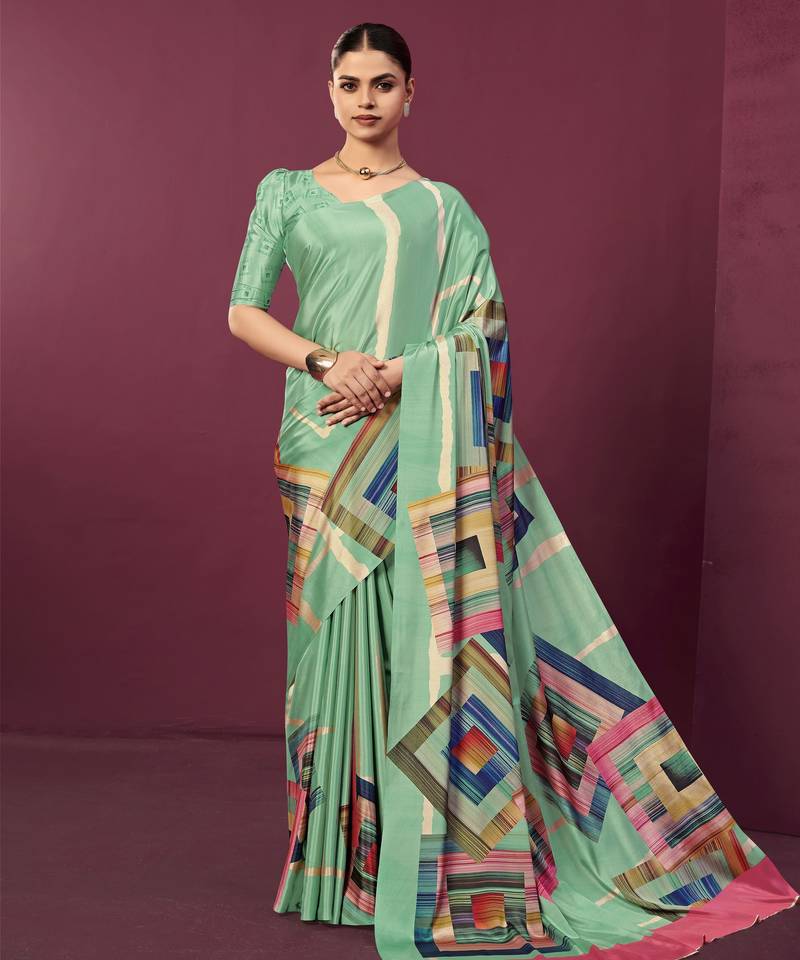 Sea green color malai crepe silk fabric designer digital printed ceremonial partywear saree